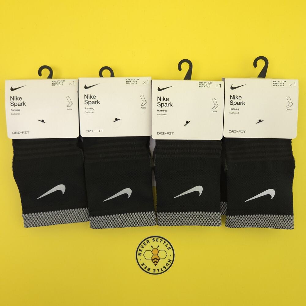4 Pack Nike Spark Running Socks 7.5-9 Womens 6Y - 7.5Y Black Cushioned Ankle